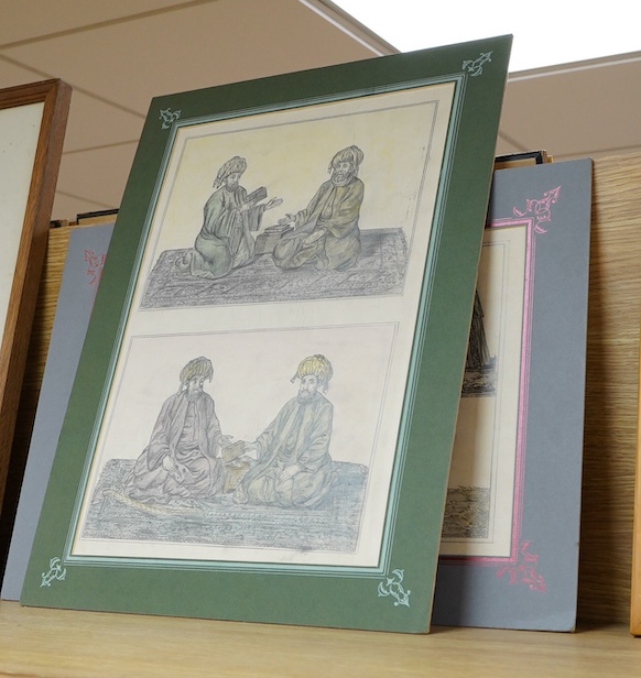 Turkish School, Islamic prayer scenes, two pencil sketches, mounted, unframed, 39 x 27cm